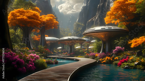 Futuristic city nestled amo...