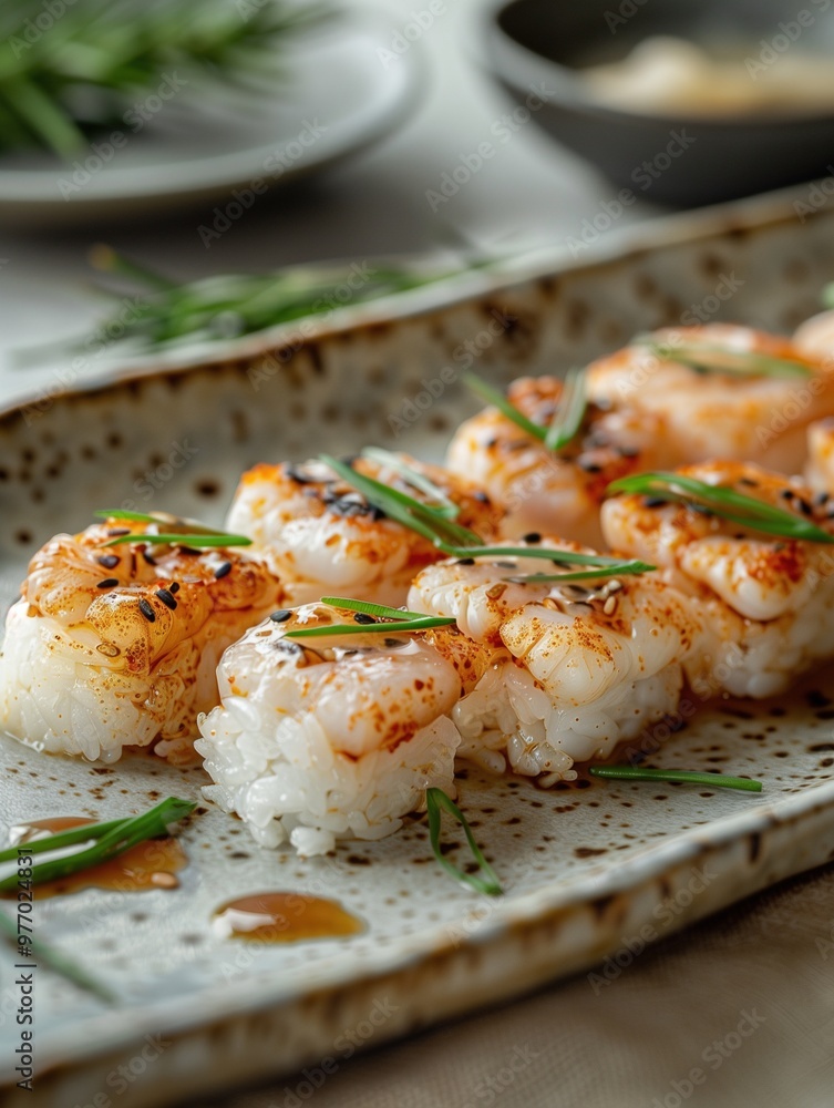 Seared Hamaguri clam nigiri on rice, served on a ceramic plate, elegant Japanese cuisine Seared Hamaguri clam nigiri on rice, served on a ceramic plate, elegant Japanese cuisine