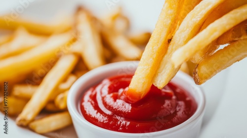 A close-up of a handful of French fries being dipped into a small bowl of ketchup, with a bright white background emphasizing the contrast. photo