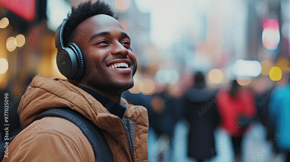 A close-up of a man wearing wireless headphones, smiling as he listens to music while walking through a busy city street. A close-up of a man wearing wireless headphones, smiling as he listens to music while walking through a busy city street.