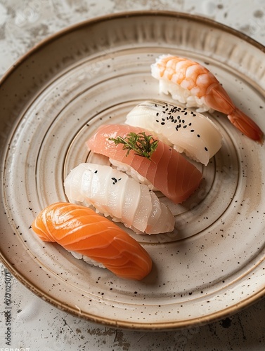 Traditional Hokkigai Nigiri, surf clam sushi on rice, close up photo with light background photo