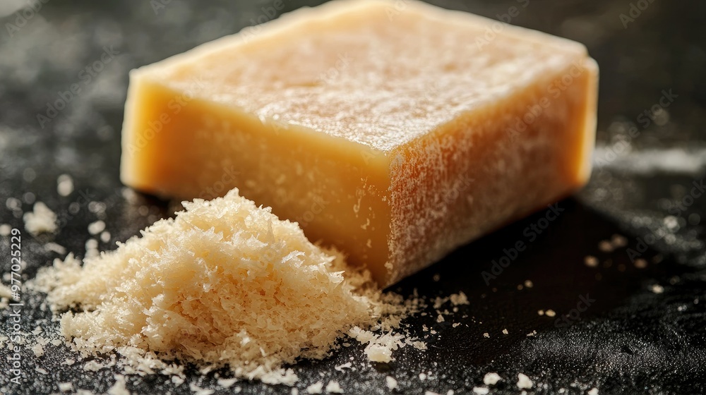 Naklejka premium A close-up of a parmesan cheese block, with fine crystals visible on the surface, next to a small pile of grated cheese.