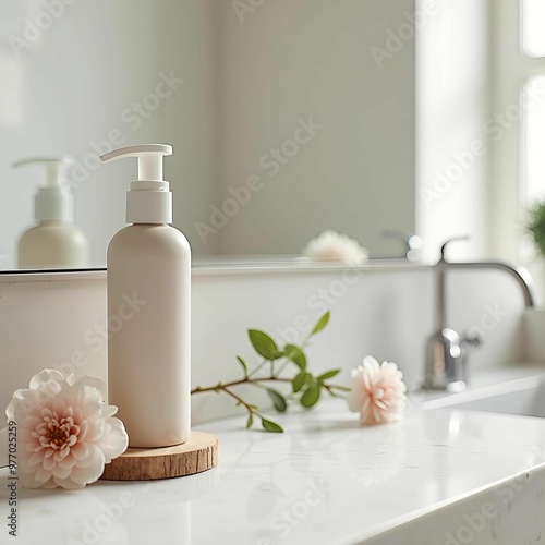 Cosmetic Bottle on Bathroom Shelf with Flowers