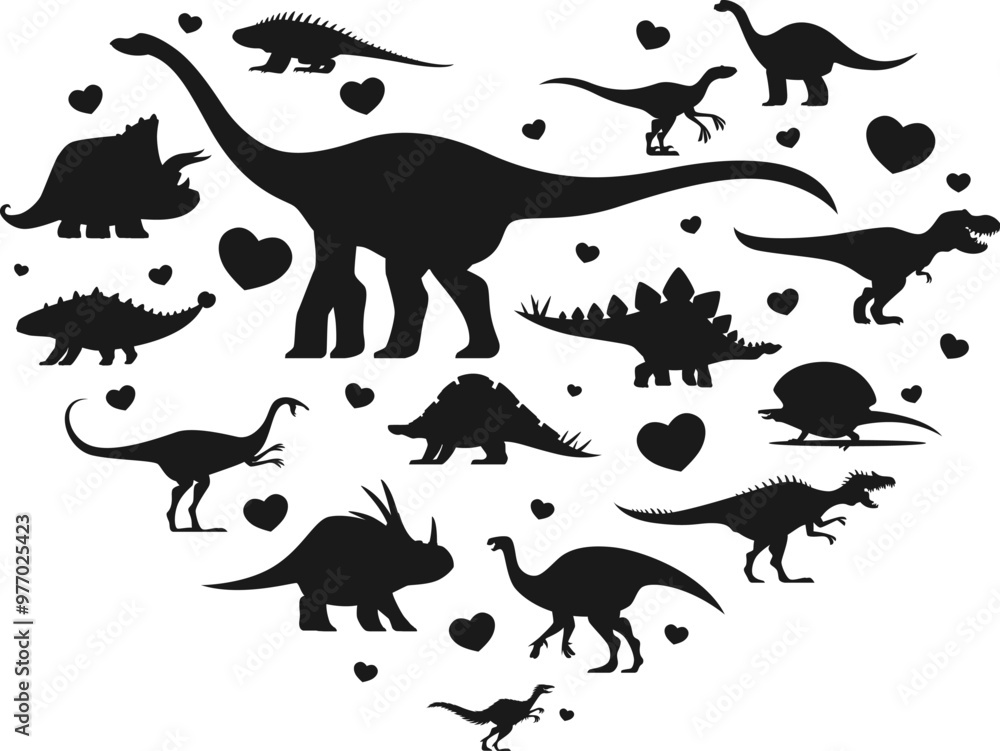 Fototapeta premium Prehistoric dinosaurs banner with heart shape and dino silhouettes, cartoon vector. Kids Jurassic park banner with prehistoric dinosaur lizards and reptiles of T Rex and velociraptor with hearts