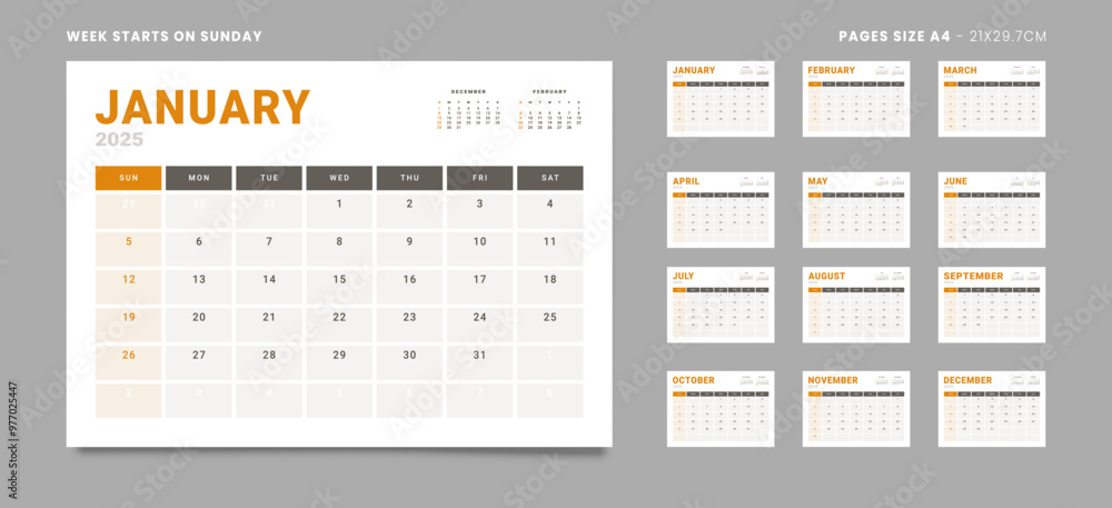 Set of 12 Pages Monthly Calendar Planner Templates on 2025 year. Vector mockup of a wall or desktop calendar with the week start on Sunday for print in grey and red color. Pages size Letter -8.5x11 in Set of 12 Pages Monthly Calendar Planner Templates on 2025 year. Vector mockup of a wall or desktop calendar with the week start on Sunday for print in grey and red color. Pages size Letter -8.5x11 in
