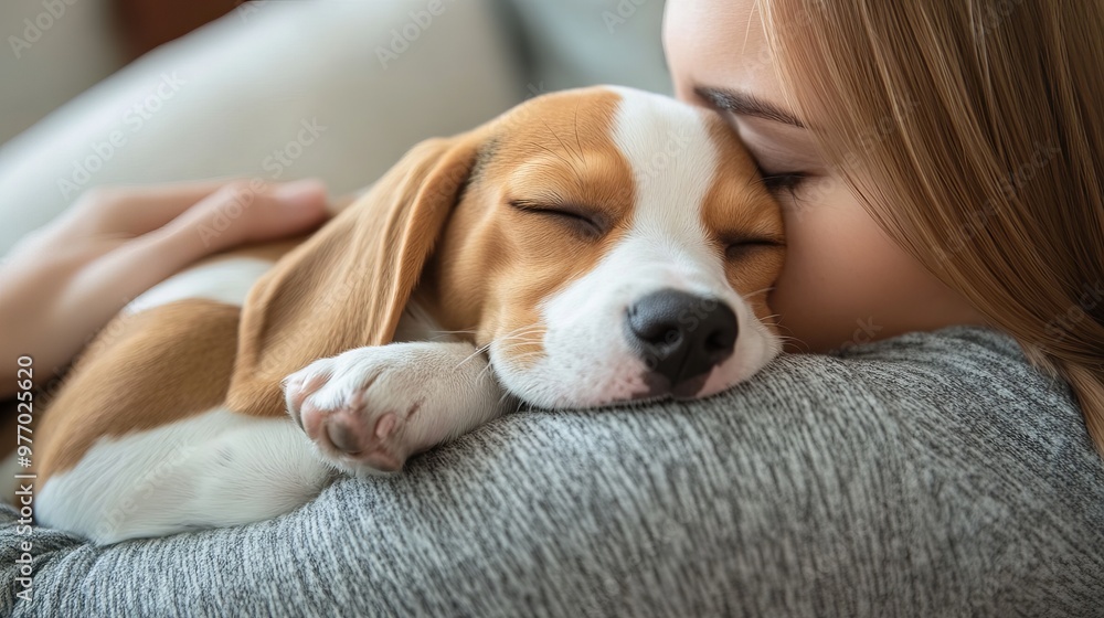 A cute puppy beagle sleeps on its owner's shoulder. The woman enjoys spending time with her pet, gently petting it as it lies comfortably in her living room. A cute puppy beagle sleeps on its owner's shoulder. The woman enjoys spending time with her pet, gently petting it as it lies comfortably in her living room.