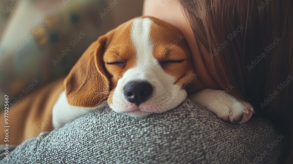 A cute puppy beagle sleeps on its owner's shoulder. The woman enjoys spending time with her pet, gently petting it as it lies comfortably in her living room. A cute puppy beagle sleeps on its owner's shoulder. The woman enjoys spending time with her pet, gently petting it as it lies comfortably in her living room.