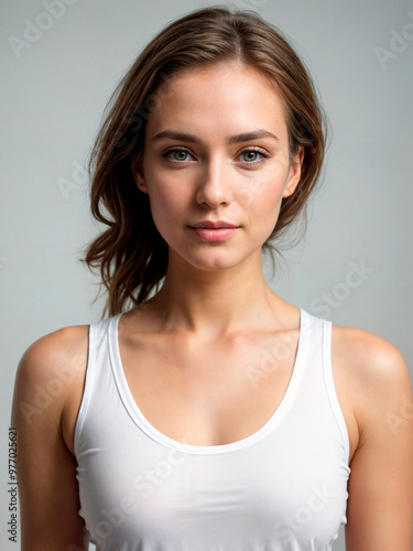 blonde-haired model wearing a white T-shirt