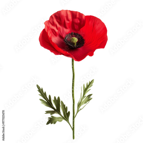 Red poppy with green leaves displayed transparent