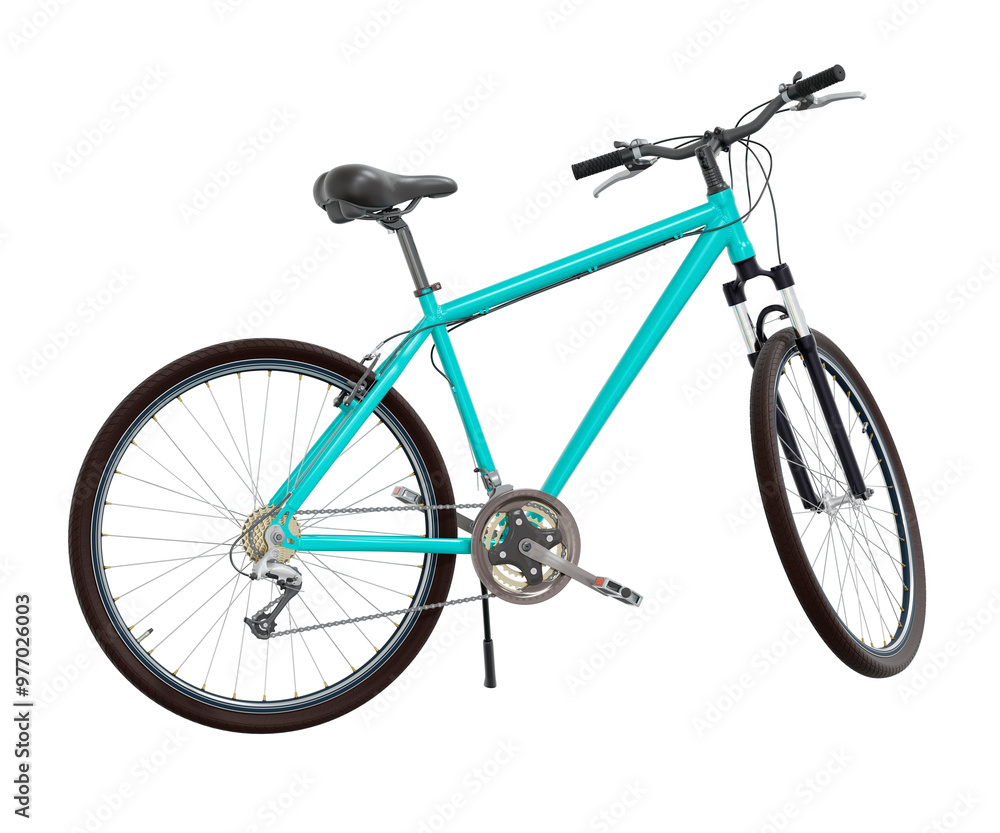 Blue green bicycle standing while leaning on kickstand, side view. Bike resting on kick stand. Png clipart isolated on transparent background Blue green bicycle standing while leaning on kickstand, side view. Bike resting on kick stand. Png clipart isolated on transparent background