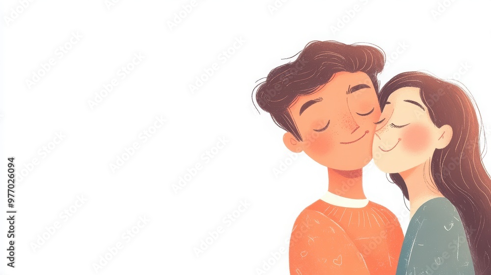 Characters in a romantic relationship, expressing love through smiles, soft touches, and closeness, white background 