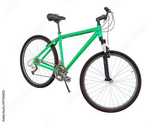 Green bicycle standing while leaning on kickstand, side front view. Bike resting on kick stand. Png clipart isolated on transparent background