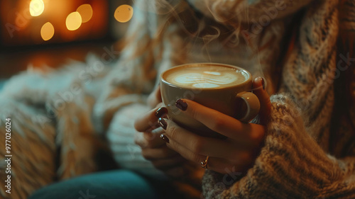 Close-up of hands holding a ceramic mug of hot coffee with frothy design. Concept of warmth and comfort	