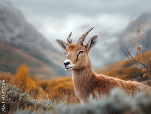 Wild Ibex in Grassland, Capra ibex, Close up of Horned Goat