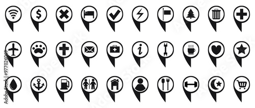 Set of black map pointer icons with different service. Location pin icons collection