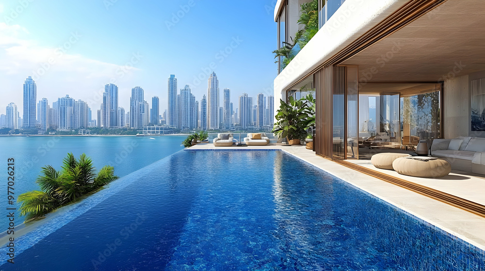 Modern villa with infinity pool overlooking a city skyline and the ocean. Modern villa with infinity pool overlooking a city skyline and the ocean.