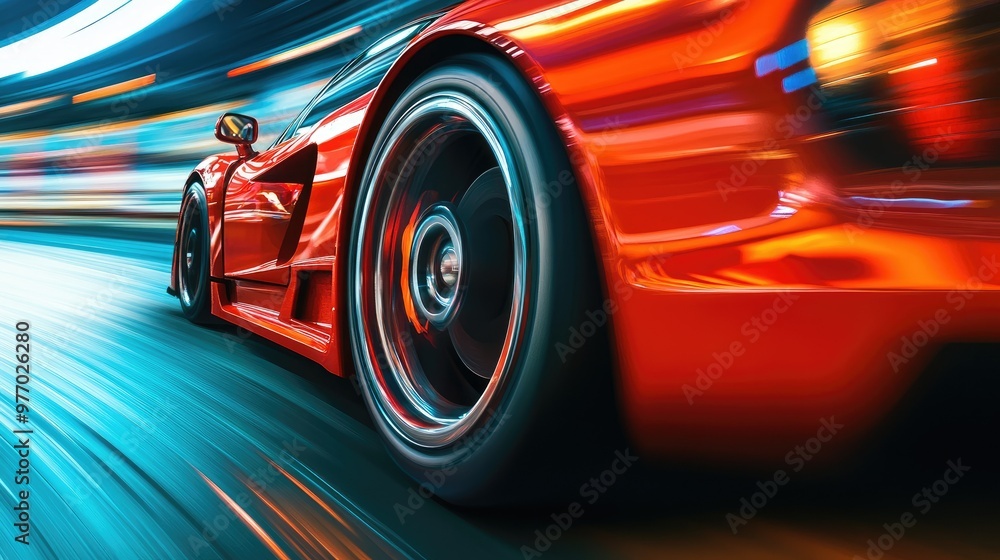 Fototapeta premium A close-up of a sports car's spinning wheel in motion, with the blurred background showing speed and precision.