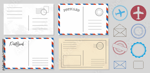 Set of paper postcard letter template. Mockup vintage post envelope. Vector illustration