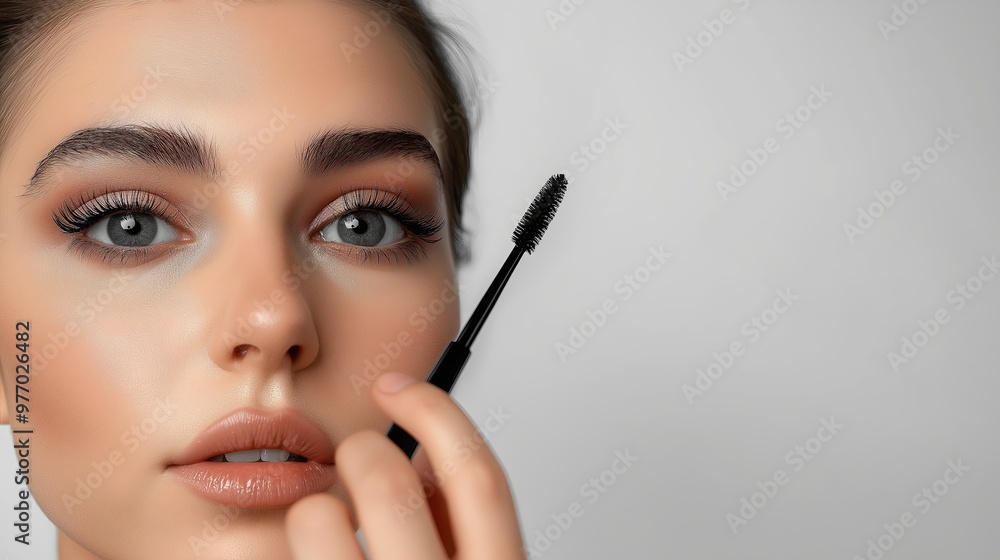 Makeup artist applying mascara on eyelashes of young woman, closeup, copy space Makeup artist applying mascara on eyelashes of young woman, closeup, copy space