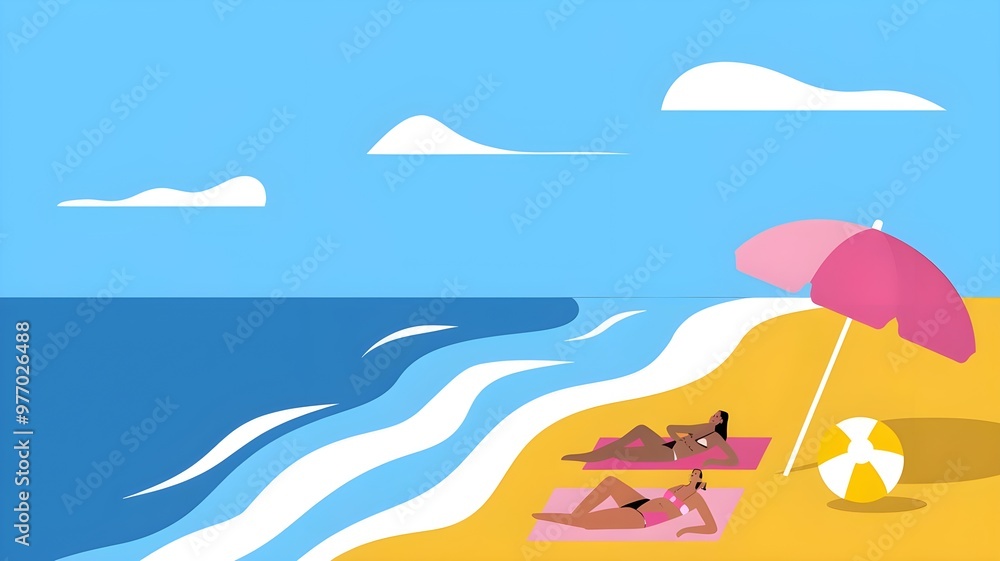 A serene beach scene featuring a sunbather, pink umbrella, and colorful beach ball beside gentle waves under a clear sky. A serene beach scene featuring a sunbather, pink umbrella, and colorful beach ball beside gentle waves under a clear sky.