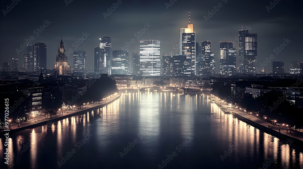 Fototapeta premium Night view of a city skyline with skyscrapers and a river.