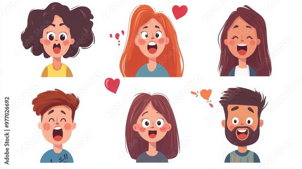 Characters representing love at first sight, expressing surprise and instant attraction through their facial expressions and body language, white background Characters representing love at first sight, expressing surprise and instant attraction through their facial expressions and body language, white background