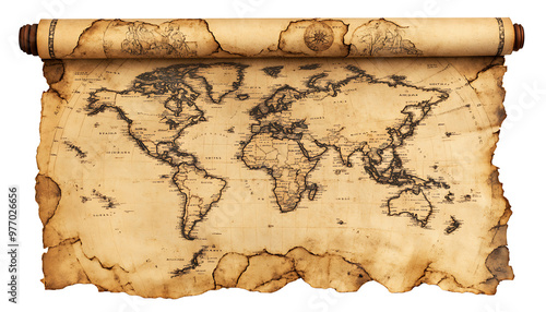 Vintage Pirate Treasure Map Roll Isolated on White Background photo