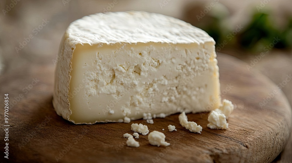 A close-up of a wedge of ricotta salata cheese, with its firm texture and slightly grainy surface, resting on a wooden board. A close-up of a wedge of ricotta salata cheese, with its firm texture and slightly grainy surface, resting on a wooden board.