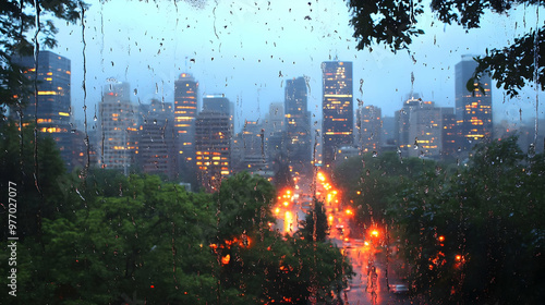 Rainy cityscape view throug...