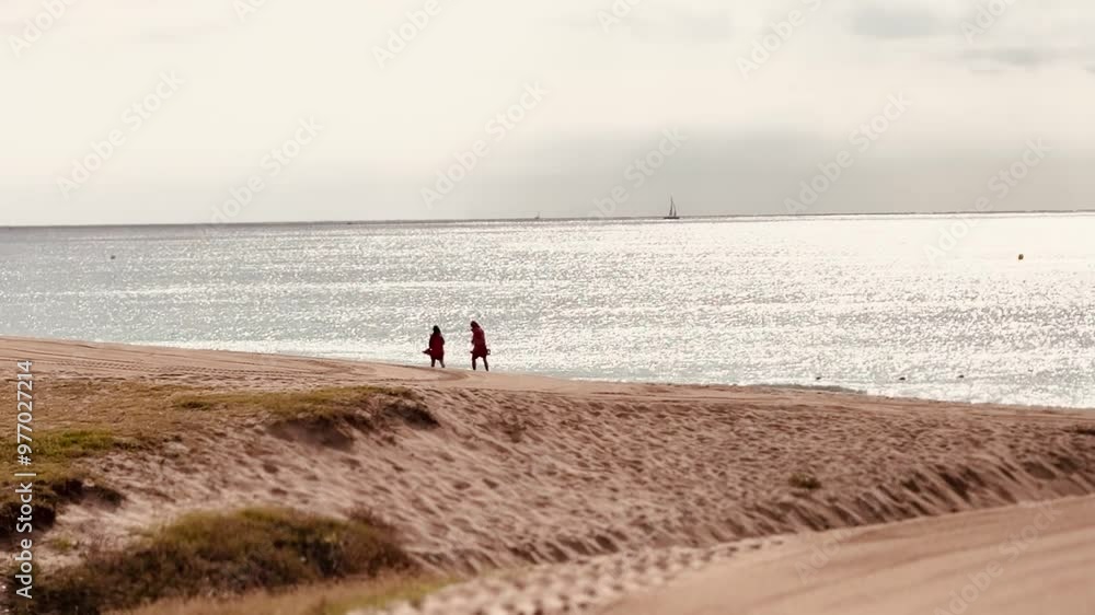 Lifeguards walking on the seashore. Lifeguards walking on the seashore.