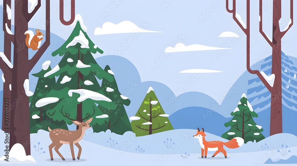 A serene winter landscape featuring a deer, a fox, and snow-covered trees under a bright blue sky, showcasing nature's beauty. A serene winter landscape featuring a deer, a fox, and snow-covered trees under a bright blue sky, showcasing nature's beauty.