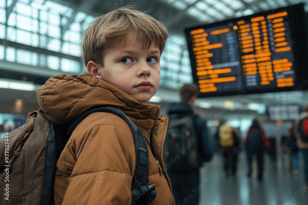 A young boy with a backpack looks on as travelers pass through airport customs, flight details visible on a nearby departures board The scene depicts the excitement and anticipation of air travel A young boy with a backpack looks on as travelers pass through airport customs, flight details visible on a nearby departures board The scene depicts the excitement and anticipation of air travel