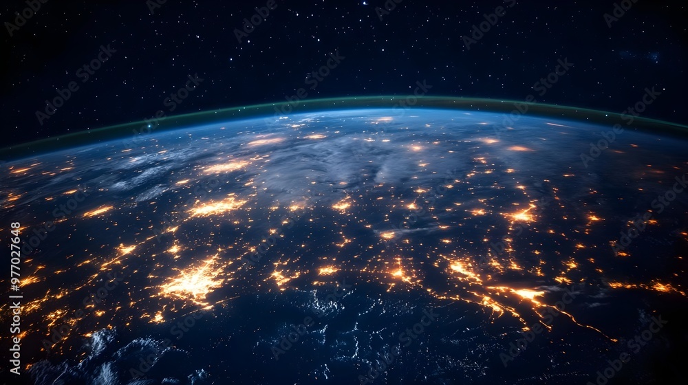 Obraz premium A stunning view of Earth from space showcasing bright city lights and the curvature of the planet against a starry background.