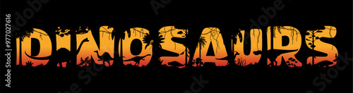 Prehistoric dinosaurs in sunset silhouette in Jurassic jungle forest, vector background. Dinosaurs and prehistoric lizards T-rex tyrannosaurus, brontosaurus or velociraptor in forest of cutout letters