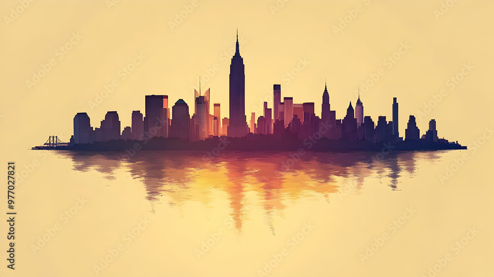 Obraz premium Silhouette of a modern city skyline with a reflection of water, in shades of orange, yellow and brown.