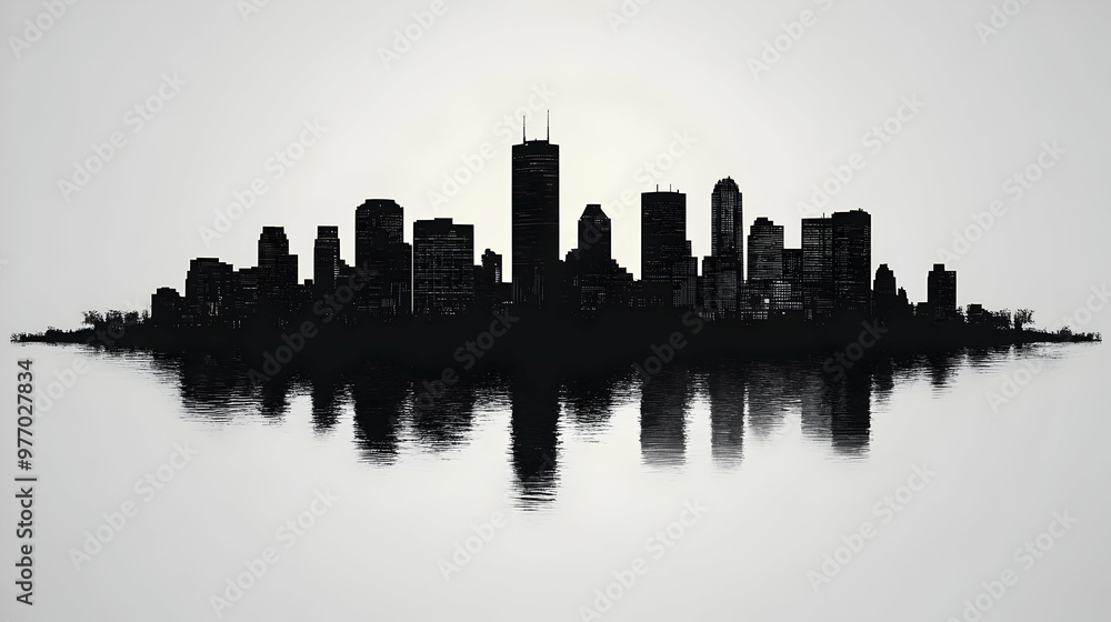 Silhouette of a modern city skyline with reflection in water. Silhouette of a modern city skyline with reflection in water.