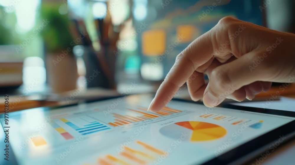 A close-up of a person hand pointing at a bar chart on a tablet screen, with financial data and performance metrics clearly visible, surrounded by office tools. A close-up of a person hand pointing at a bar chart on a tablet screen, with financial data and performance metrics clearly visible, surrounded by office tools.