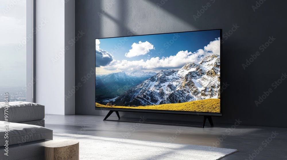 Fototapeta premium Modern Living Room with TV Showing Snowy Mountain Landscape