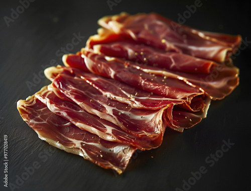 Premium Iberian Ham Slices on Black Slate, Sunlit Gourmet Photo