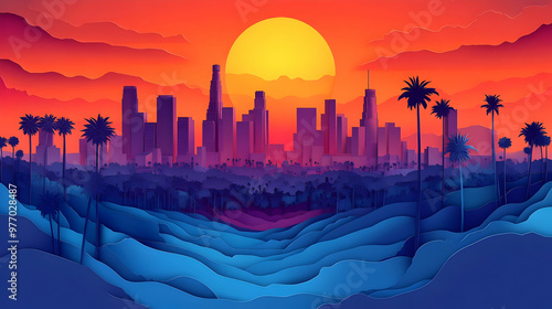 Sunset over a stylized Los ...