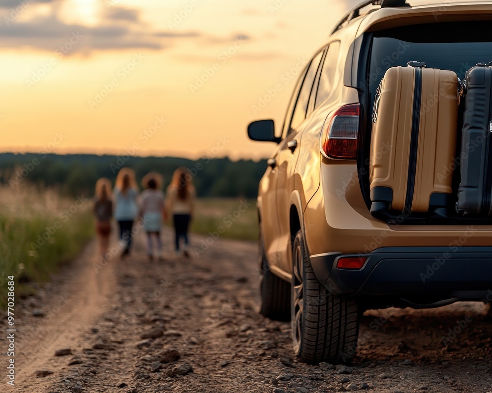 Family Road Trip Adventure Close-up of Packed Car Trunk with Luggage, Kids Walking Away on a Dusty Road Towards Sunset Family Road Trip Adventure Close-up of Packed Car Trunk with Luggage, Kids Walking Away on a Dusty Road Towards Sunset