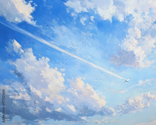 Oil painting depicting a blue sky with a plane s trail soaring high above showcasing the beauty of the heavens photo