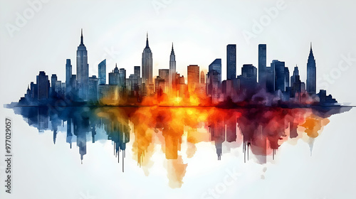 Watercolor cityscape silhou...