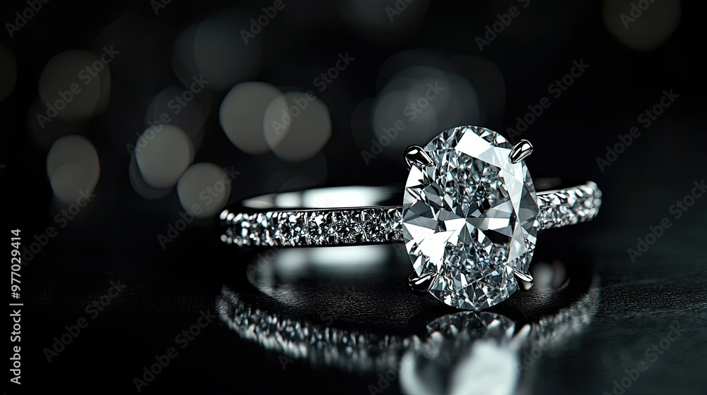A close-up of an oval-cut diamond engagement ring with a pav band, set on a sleek black surface with soft, warm lighting. A close-up of an oval-cut diamond engagement ring with a pav band, set on a sleek black surface with soft, warm lighting.