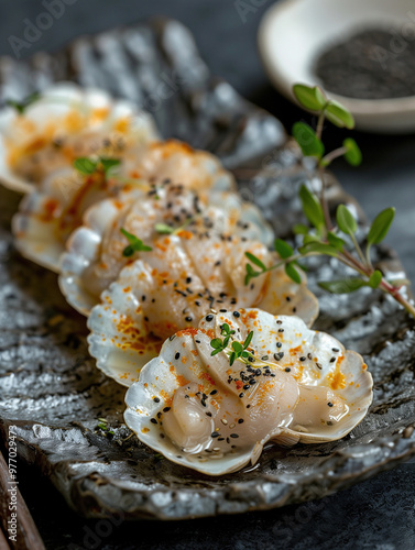 Japanese seared Akagai sashimi, Sashimi Akagai dark background, detailed setting close up food photo photo