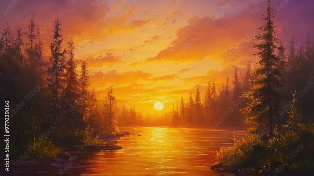 Obraz premium Oil painting depicting a serene sunset over a peaceful river in a forest highlighting tranquil natural beauty and warm colors