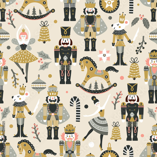The nutcracker ballet characters christmas holiday pattern. Childish pattern for packaging, fabric print, wrapping paper, stationery. Hand drawn illustration of mouse king, ballerina, fairy.