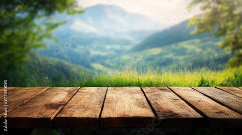 Oil painting depicting a wooden tabletop set against a blurred mountain and grass field conveying a fresh and relaxing atmosphere for product display or design layout with ample copy space