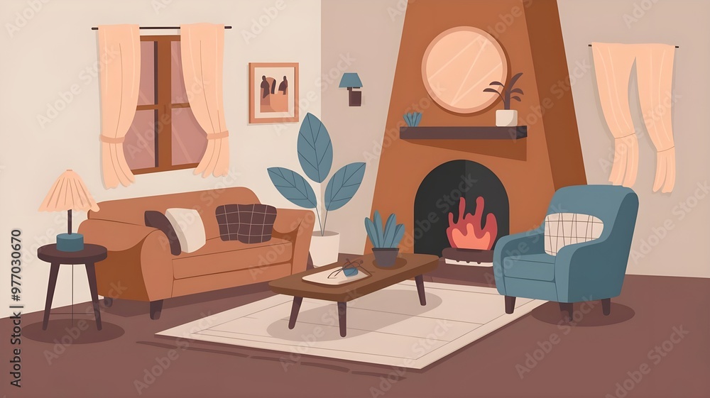 Fototapeta premium Cozy living room interior with modern furniture, fireplace, and decorative plants for a warm atmosphere.