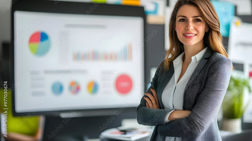 Confident businesswoman standing in front of a presentation screen filled with colorful charts and graphs. Confident businesswoman standing in front of a presentation screen filled with colorful charts and graphs.